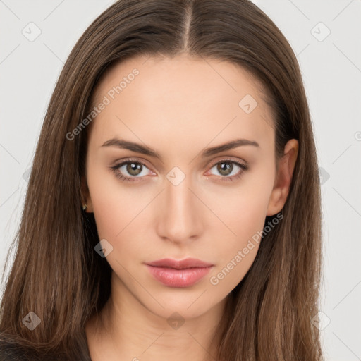 Neutral white young-adult female with long  brown hair and brown eyes