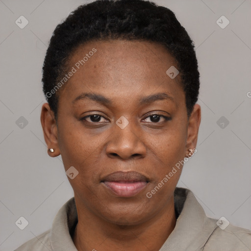 Joyful black adult female with short  black hair and brown eyes