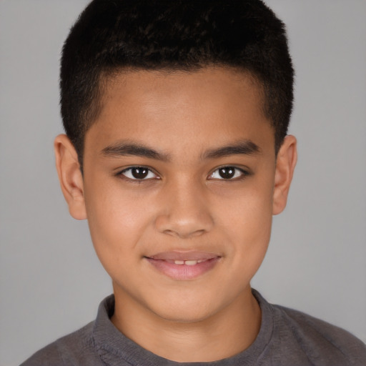 Joyful latino child male with short  brown hair and brown eyes