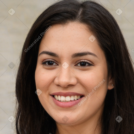 Joyful asian young-adult female with long  brown hair and brown eyes