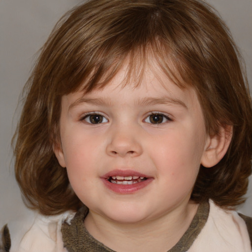 Joyful white child female with medium  brown hair and brown eyes