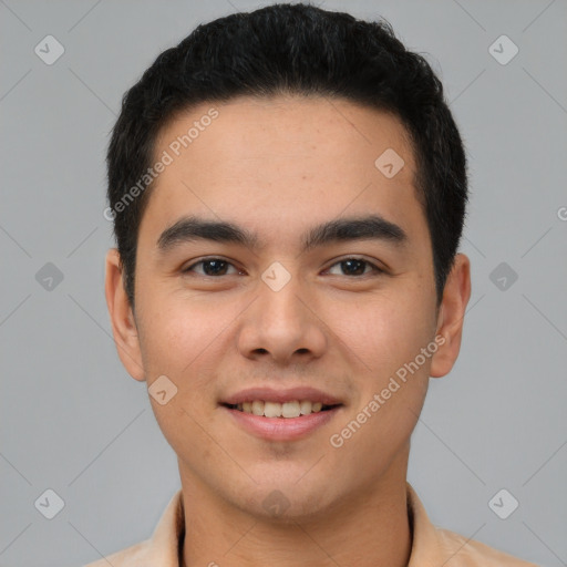 Joyful latino young-adult male with short  brown hair and brown eyes