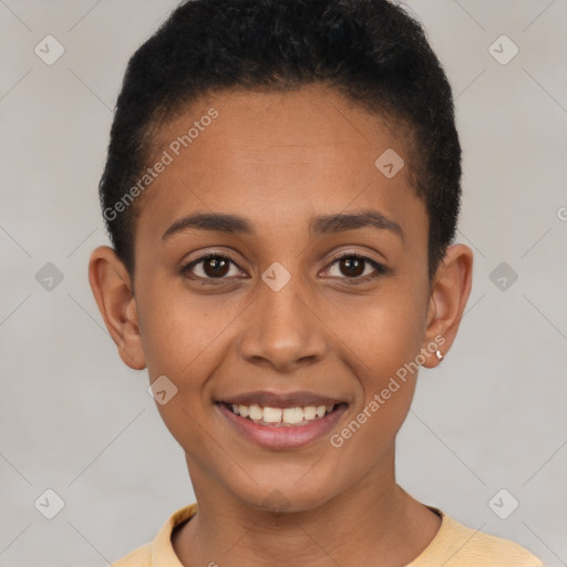 Joyful latino young-adult female with short  brown hair and brown eyes