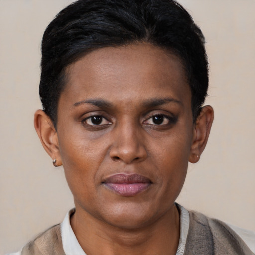 Neutral black young-adult female with short  black hair and brown eyes