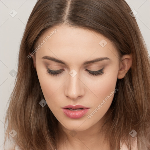 Neutral white young-adult female with long  brown hair and brown eyes