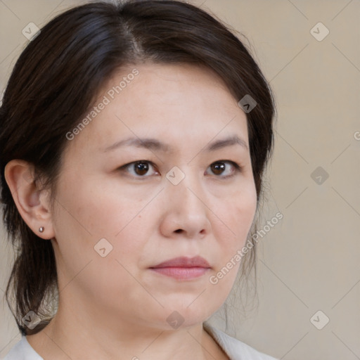 Neutral white young-adult female with medium  brown hair and brown eyes