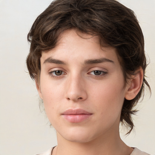 Neutral white young-adult female with medium  brown hair and brown eyes