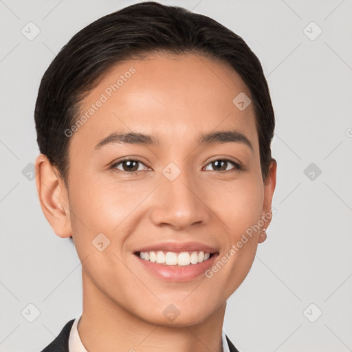 Joyful white young-adult female with short  brown hair and brown eyes