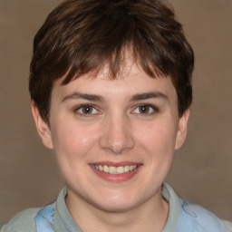 Joyful white young-adult male with medium  brown hair and brown eyes