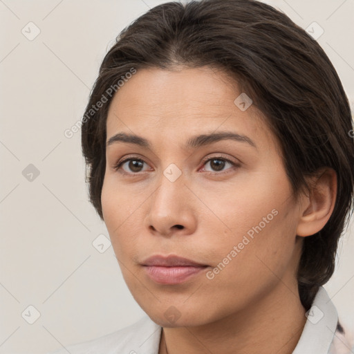 Neutral white young-adult female with medium  brown hair and brown eyes