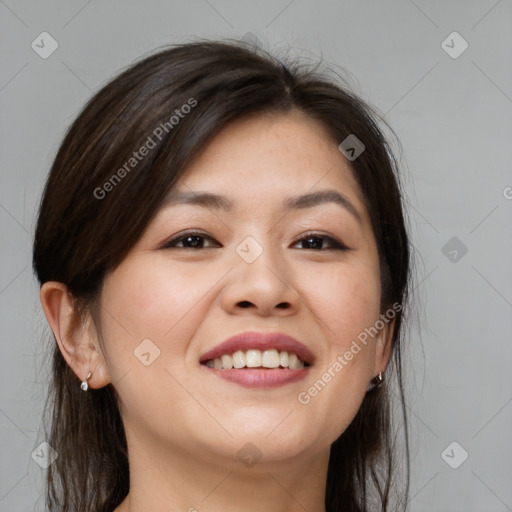 Joyful white young-adult female with medium  brown hair and brown eyes