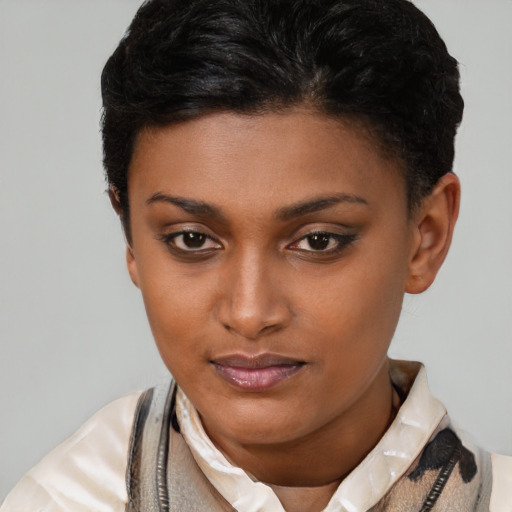 Neutral latino young-adult female with short  brown hair and brown eyes
