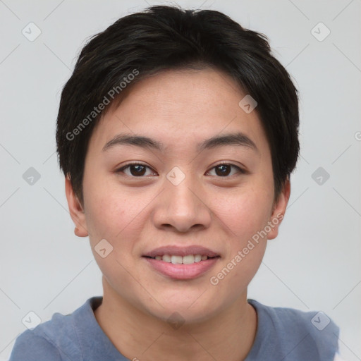 Joyful asian young-adult female with short  brown hair and brown eyes