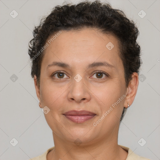 Joyful white adult female with short  brown hair and brown eyes