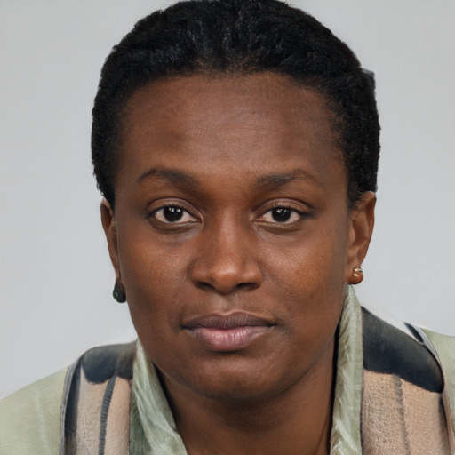 Neutral black young-adult female with short  brown hair and brown eyes