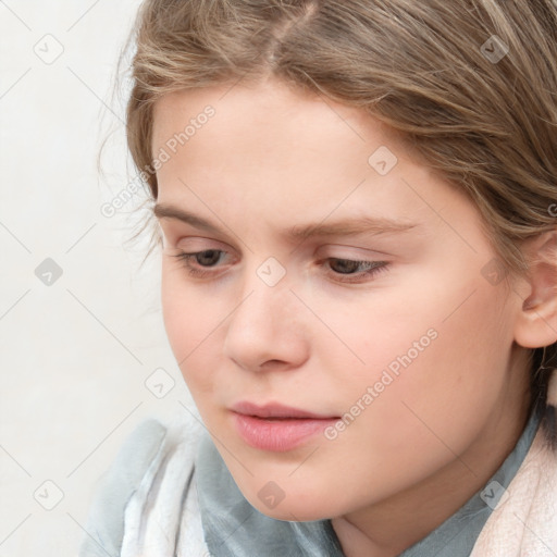 Neutral white child female with medium  brown hair and blue eyes