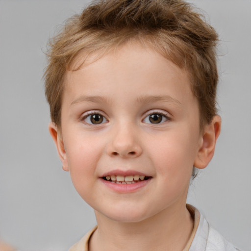 Joyful white child female with short  brown hair and brown eyes