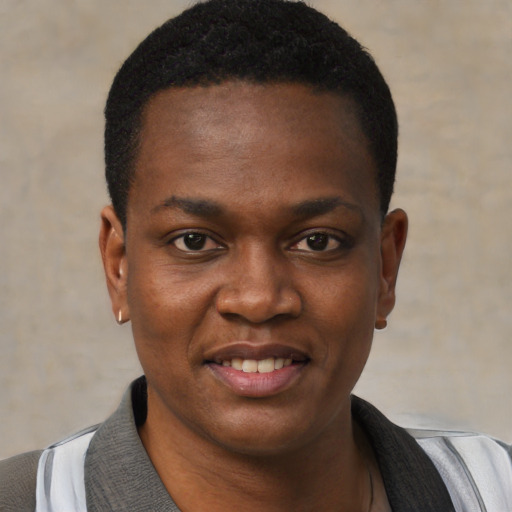 Joyful black young-adult female with short  black hair and brown eyes