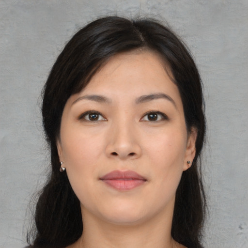 Neutral asian young-adult female with long  brown hair and brown eyes