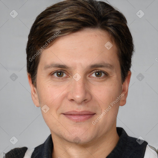 Joyful white adult male with short  brown hair and grey eyes