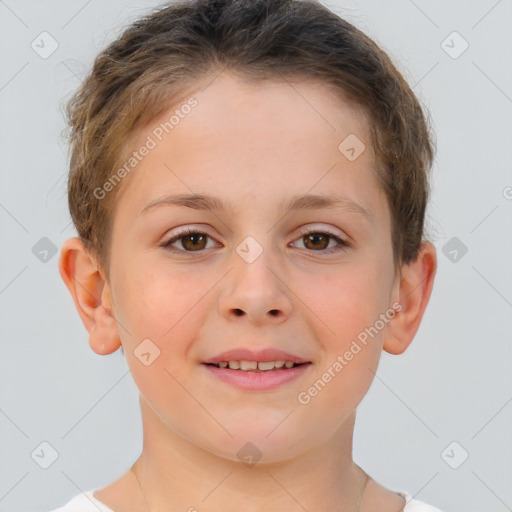 Joyful white child female with short  brown hair and brown eyes