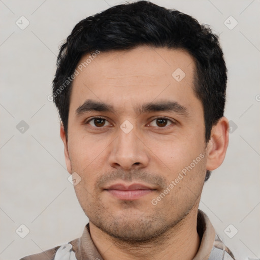 Neutral asian young-adult male with short  black hair and brown eyes