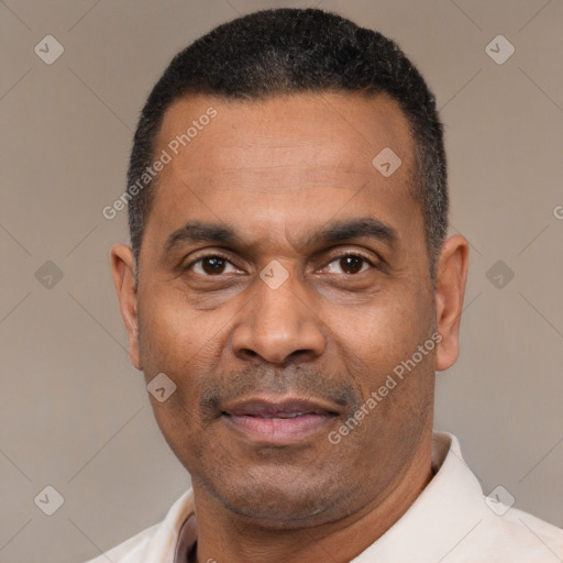 Neutral latino adult male with short  black hair and brown eyes