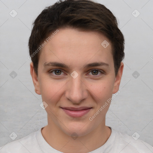 Joyful white young-adult female with short  brown hair and brown eyes