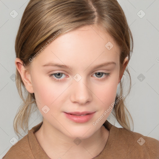 Joyful white child female with medium  brown hair and grey eyes