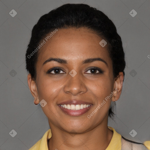 Joyful latino young-adult female with short  brown hair and brown eyes