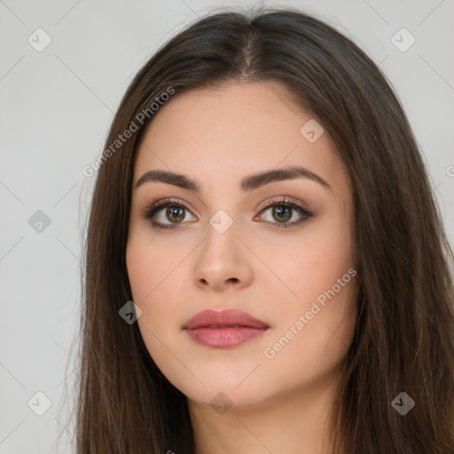 Neutral white young-adult female with long  brown hair and brown eyes