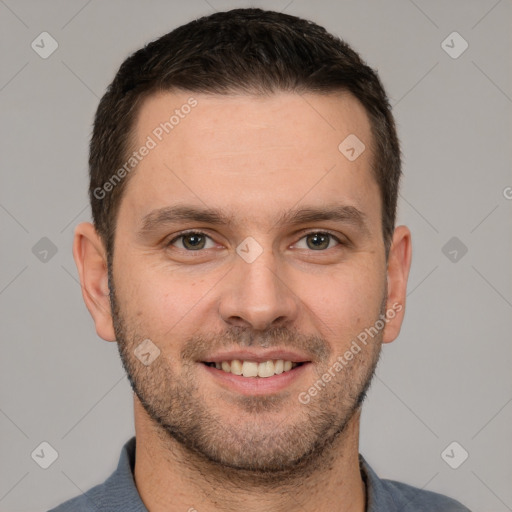 Joyful white young-adult male with short  brown hair and brown eyes