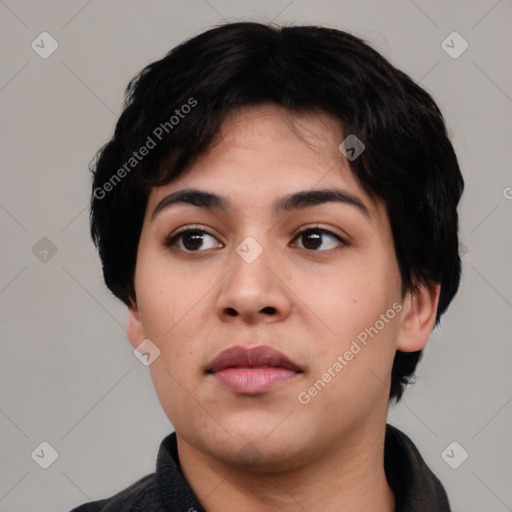 Neutral asian young-adult female with short  black hair and brown eyes