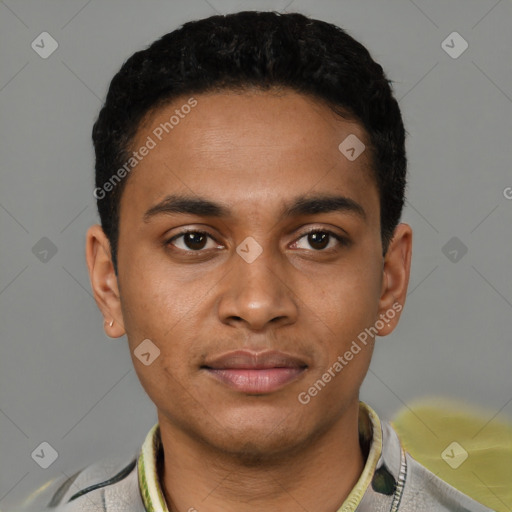 Joyful latino young-adult male with short  black hair and brown eyes