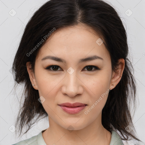 Joyful asian young-adult female with medium  brown hair and brown eyes