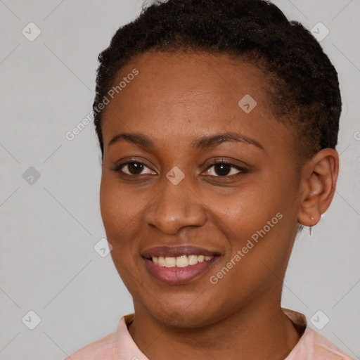 Joyful latino young-adult female with short  brown hair and brown eyes