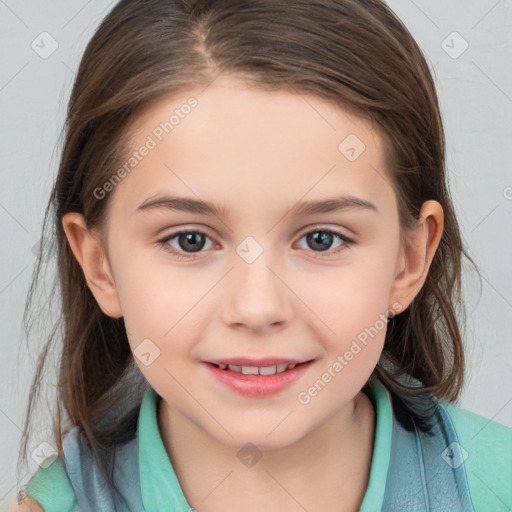 Joyful white child female with medium  brown hair and brown eyes