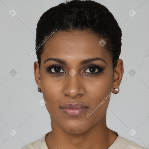 Neutral black young-adult female with short  black hair and brown eyes