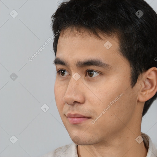 Neutral asian young-adult male with short  black hair and brown eyes