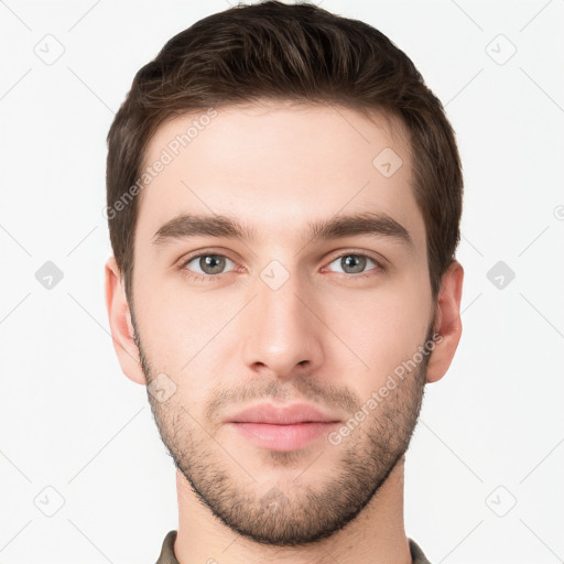 Neutral white young-adult male with short  brown hair and grey eyes