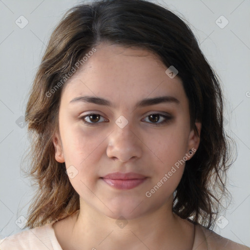 Neutral white young-adult female with medium  brown hair and brown eyes