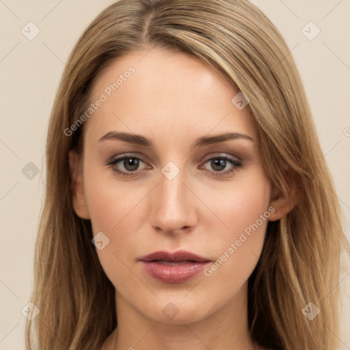 Neutral white young-adult female with long  brown hair and brown eyes