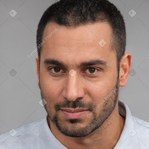Neutral white young-adult male with short  brown hair and brown eyes