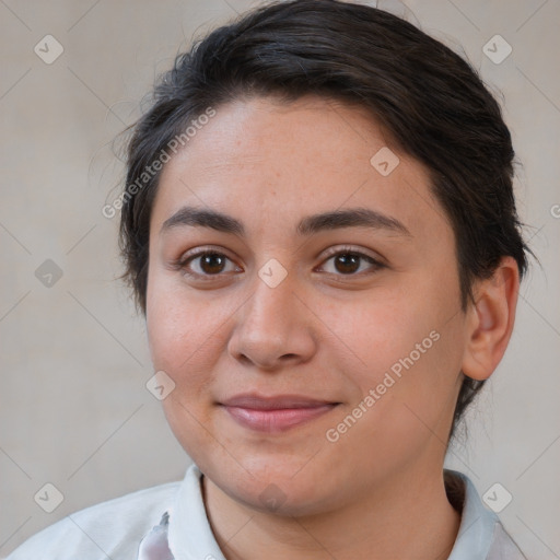 Joyful white young-adult female with medium  brown hair and brown eyes