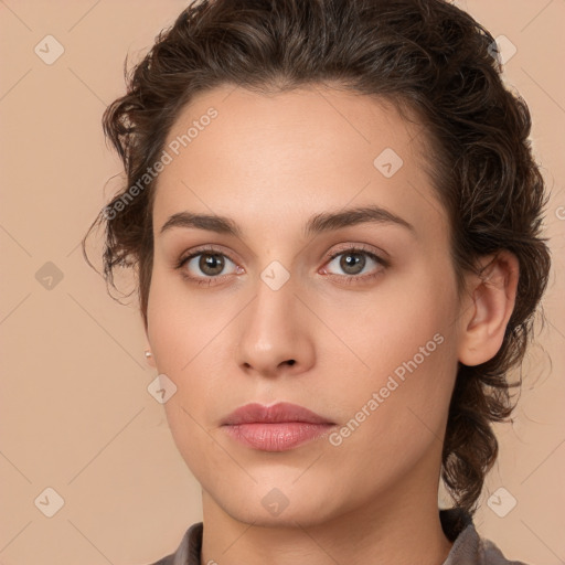 Neutral white young-adult female with medium  brown hair and brown eyes