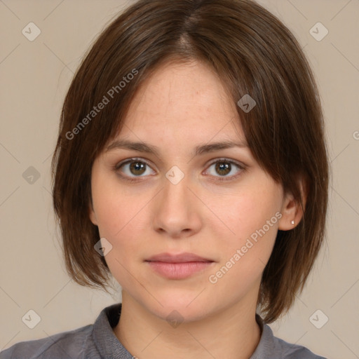 Neutral white young-adult female with medium  brown hair and brown eyes