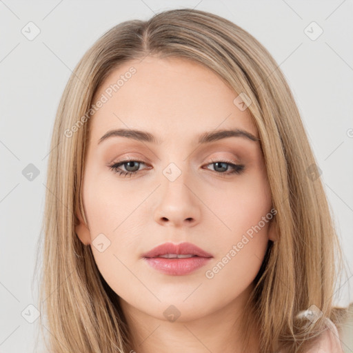 Neutral white young-adult female with long  brown hair and brown eyes