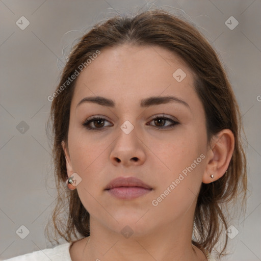 Neutral white young-adult female with medium  brown hair and brown eyes