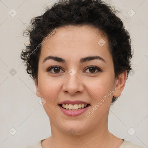 Joyful latino young-adult female with short  brown hair and brown eyes