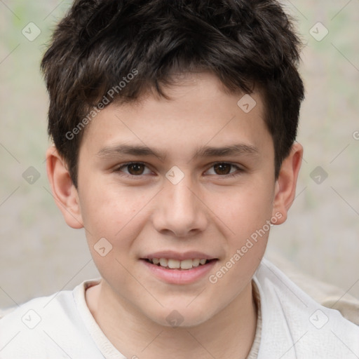 Joyful white child male with short  brown hair and brown eyes